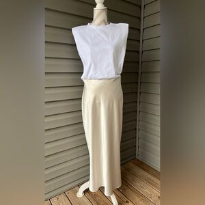 ZARA Two tone White-Champagne Satin Maxi Dress Sz L